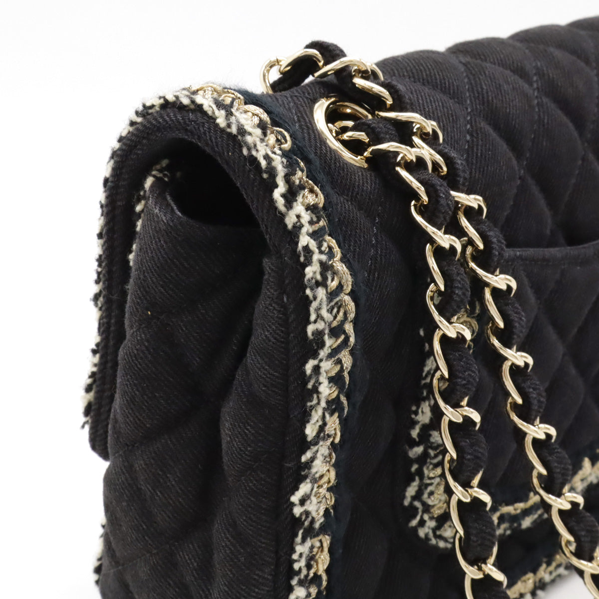 Chanel Matelasse 25 Tweed Frill Chain Shoulder Bag Canvas Black Gold Hardware in Very Good Condition