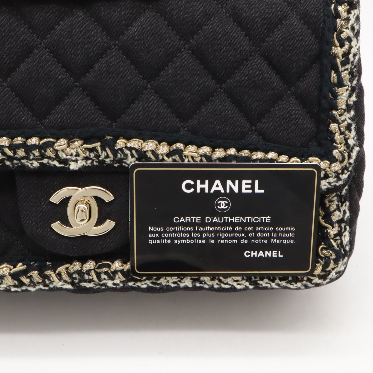 Chanel Matelasse 25 Tweed Frill Chain Shoulder Bag Canvas Black Gold Hardware in Very Good Condition