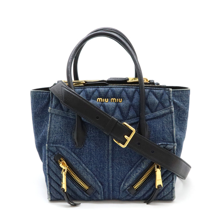 Miu Miu Denim Leather Biker 2WAY Handbag in Very Good Condition