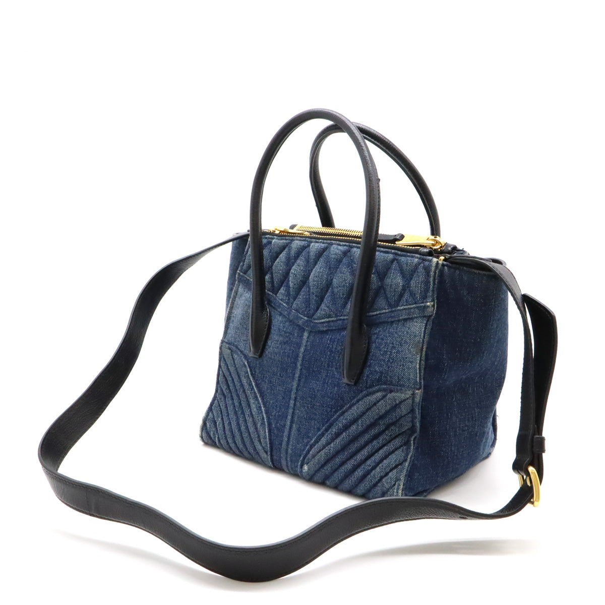 Miu Miu Denim Leather Biker 2WAY Handbag in Very Good Condition