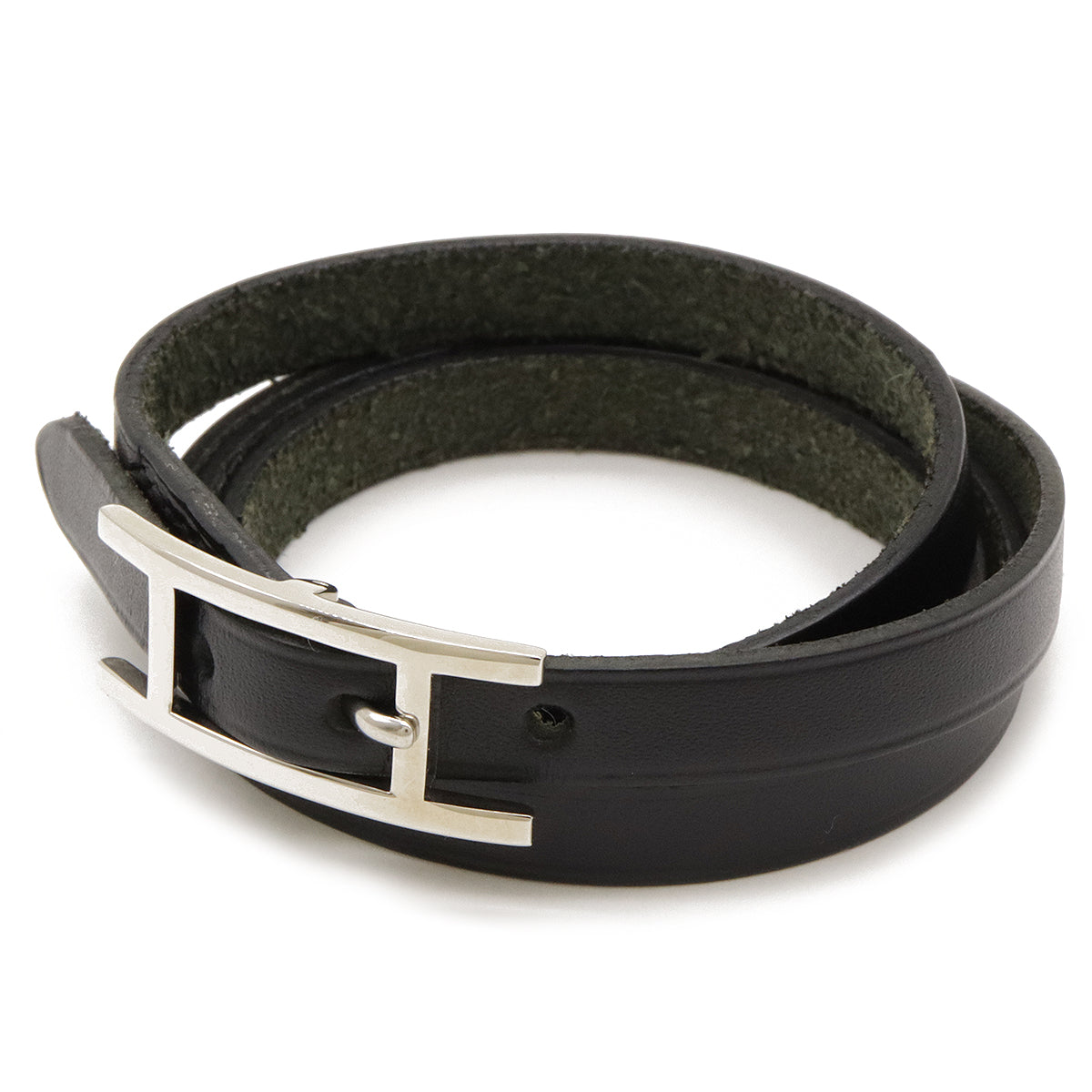 Hermes Leather Api3 Long Bracelet Black Silver in Great Condition