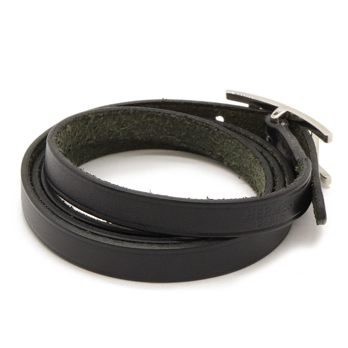 Hermes Leather Api3 Long Bracelet Black Silver in Great Condition