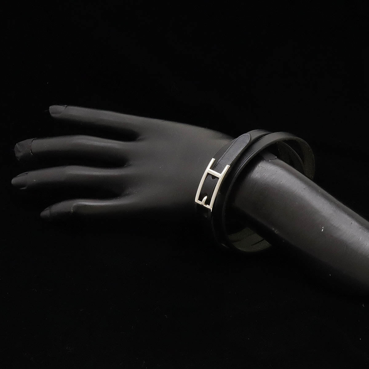 Hermes Leather Api3 Long Bracelet Black Silver in Great Condition