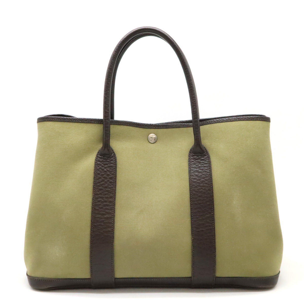 Hermes Garden Party PM Tote Bag Toile Officier Leather Khaki Green Dark Brown in Very Good Condition