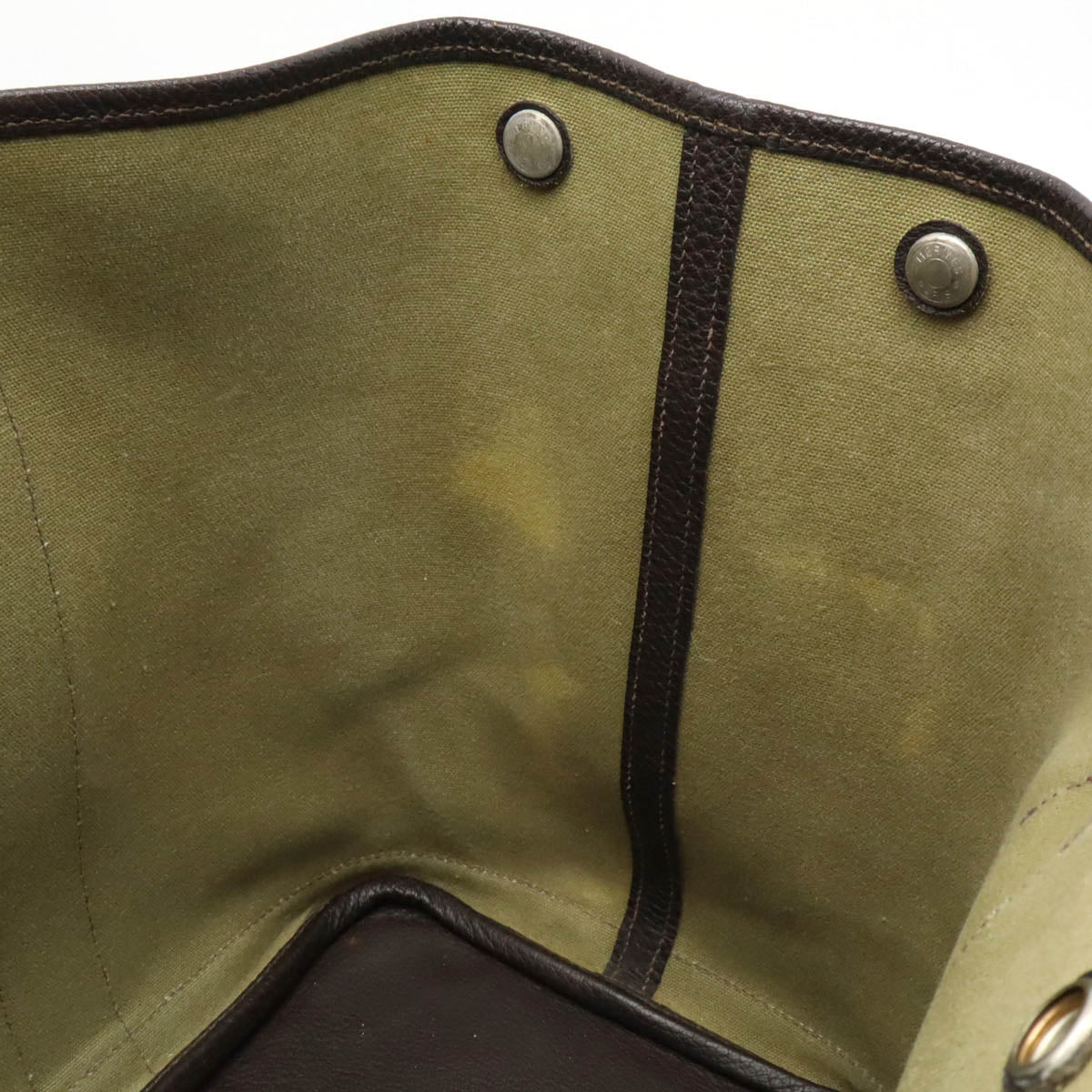 Hermes Garden Party PM Tote Bag Toile Officier Leather Khaki Green Dark Brown in Very Good Condition