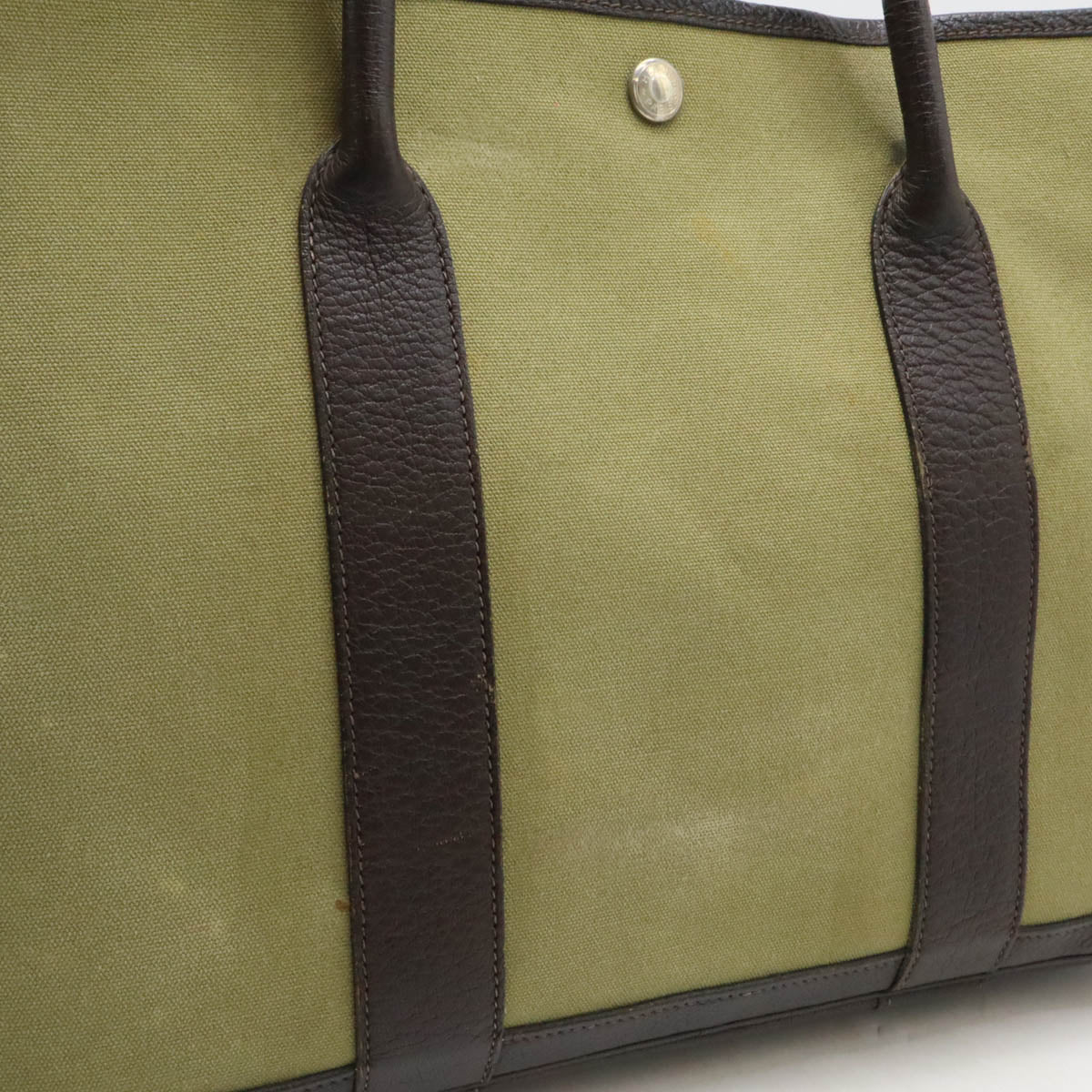 Hermes Garden Party PM Tote Bag Toile Officier Leather Khaki Green Dark Brown in Very Good Condition