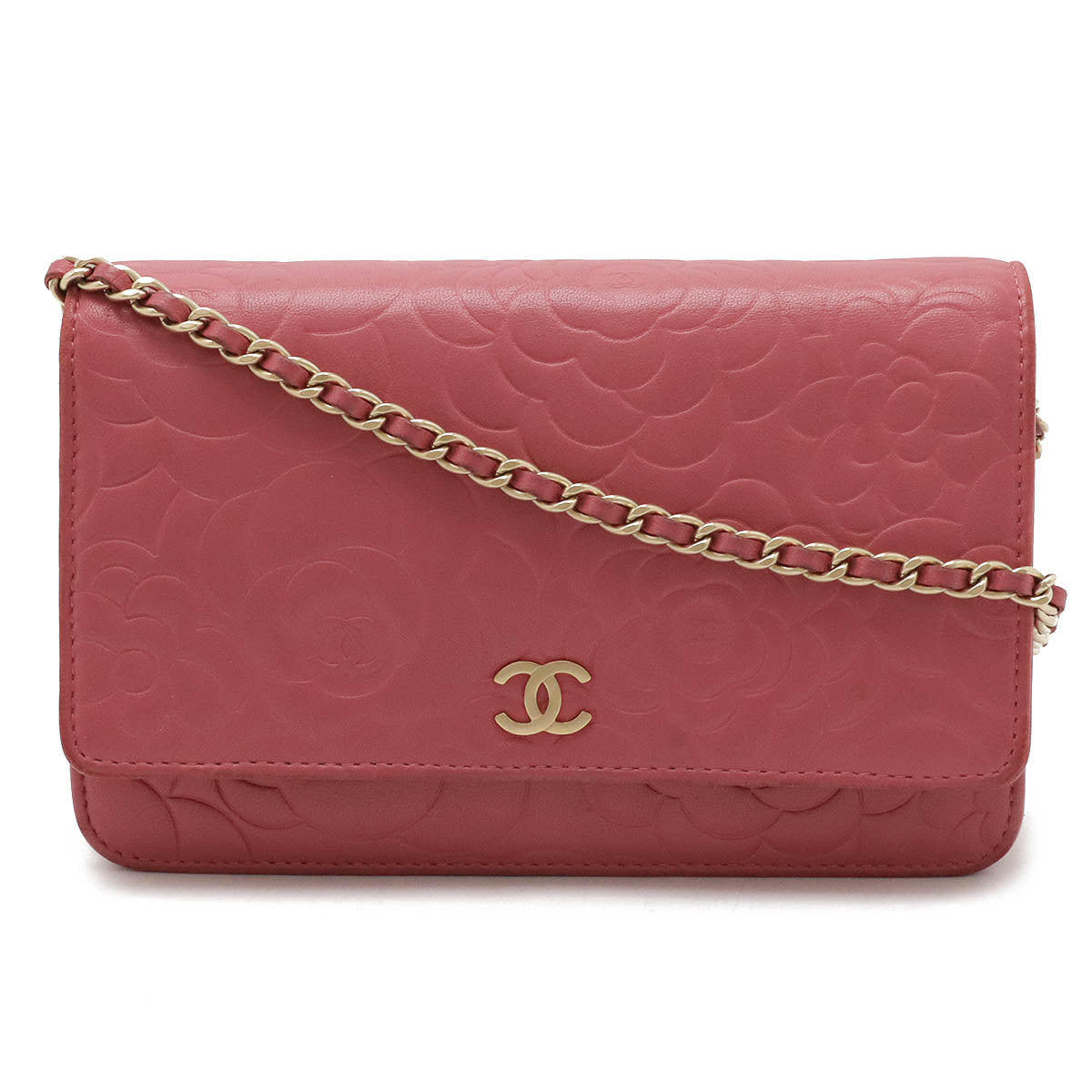 Chanel Camellia Chain Wallet Shoulder Bag Lambskin Leather Pink in Very Good Condition