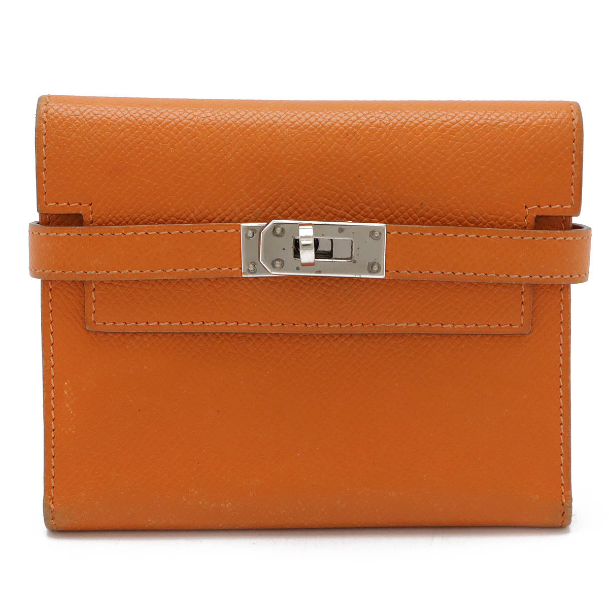 Hermes Kelly Compact Trifold Wallet, Orange, Silver Hardware, Used in Good Condition