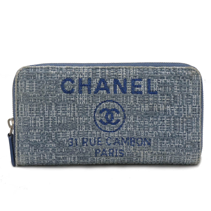 Chanel Tweed Canvas Leather Wallet Blue in Very Good Condition