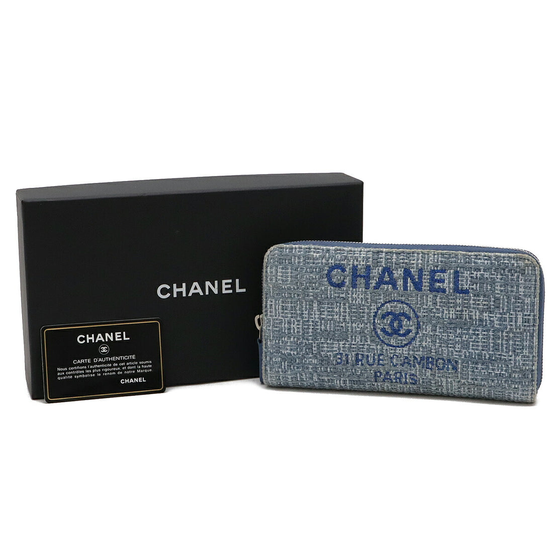 Chanel Tweed Canvas Leather Wallet Blue in Very Good Condition