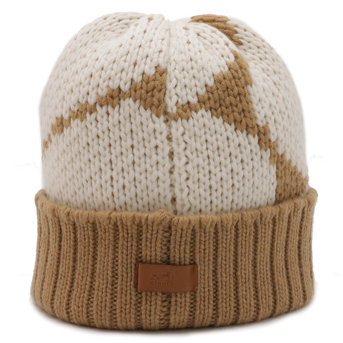 HERMES Cashmere Knit Hat Beige White