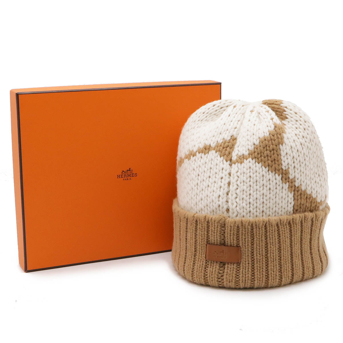 HERMES Cashmere Knit Hat Beige White