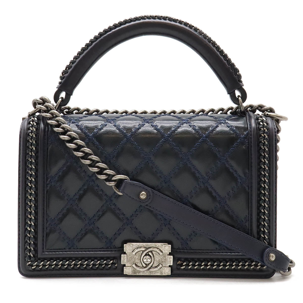 Chanel Boy Top Handle Flap Bag Navy