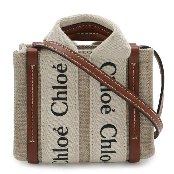 Chloe Woody Nano Tote Linen Canvas Leather 2way Shoulder Bag