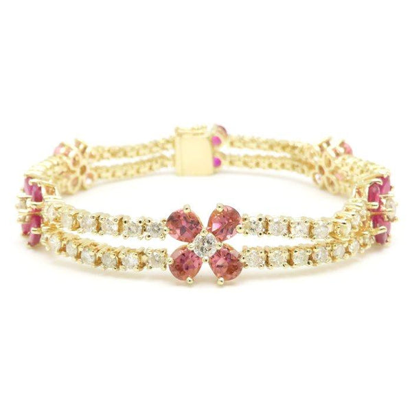 Au750 Flower Motif Ruby Pink Tourmaline Diamond Bracelet