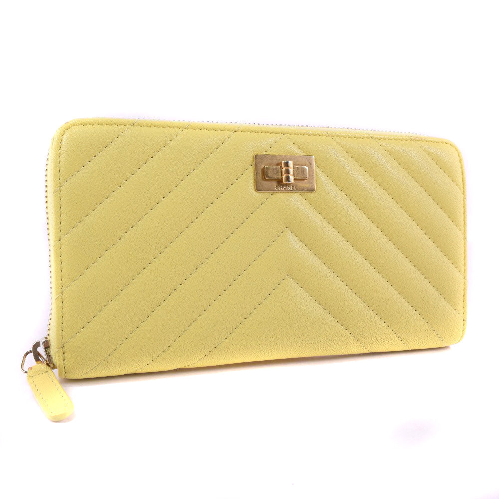 Chanel Leather Round Zip Long Wallet Yellow