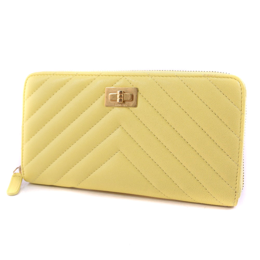 Chanel Leather Round Zip Long Wallet Yellow