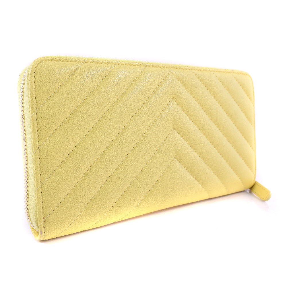 Chanel Leather Round Zip Long Wallet Yellow