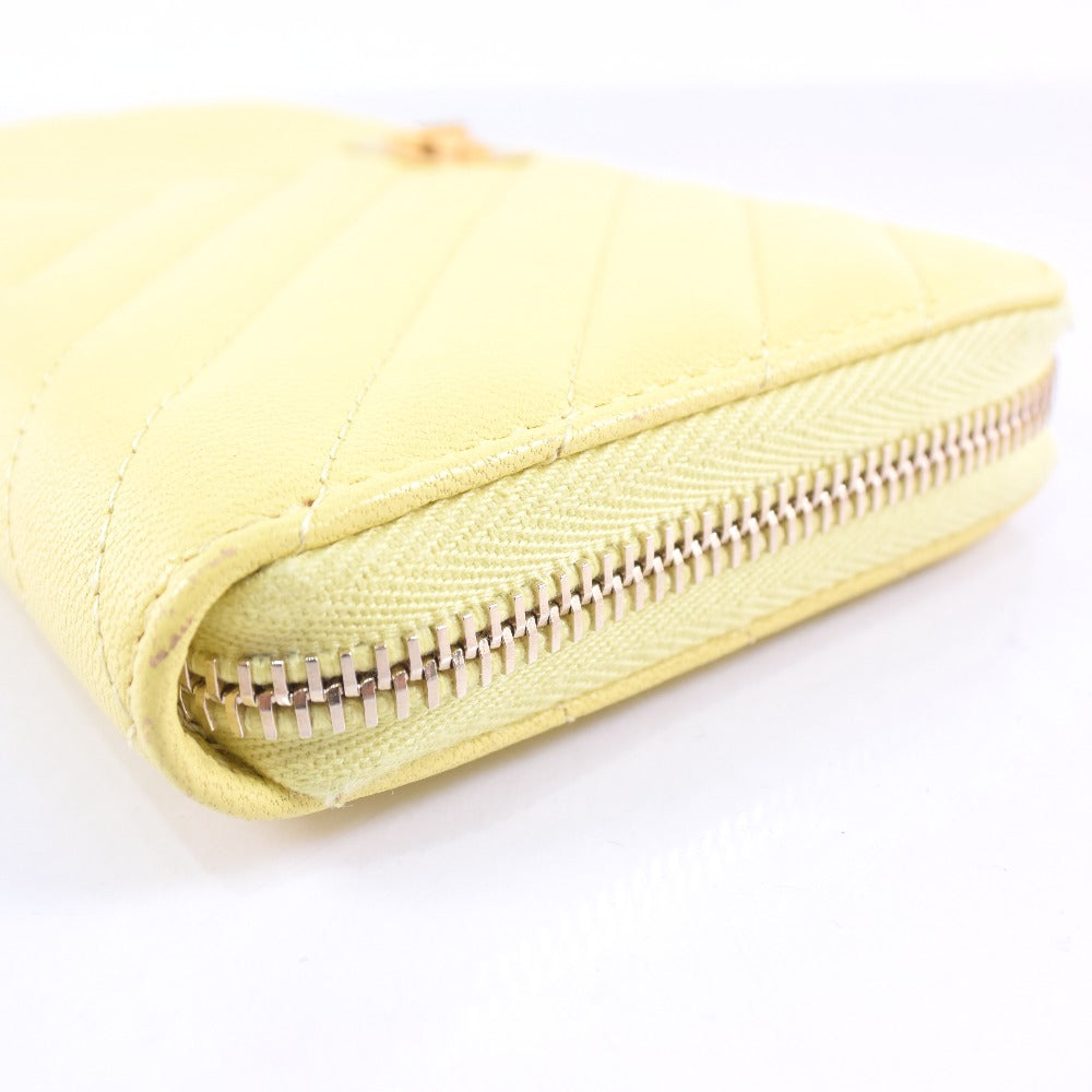 Chanel Leather Round Zip Long Wallet Yellow