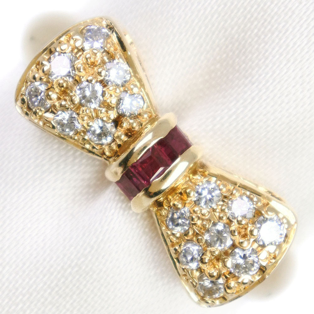 [LuxUness]  Ribbon Motif Size 12 Ring in K18 Yellow Gold with Ruby and Diamonds for Women - Used, Grade A Metal Ring in Good condition