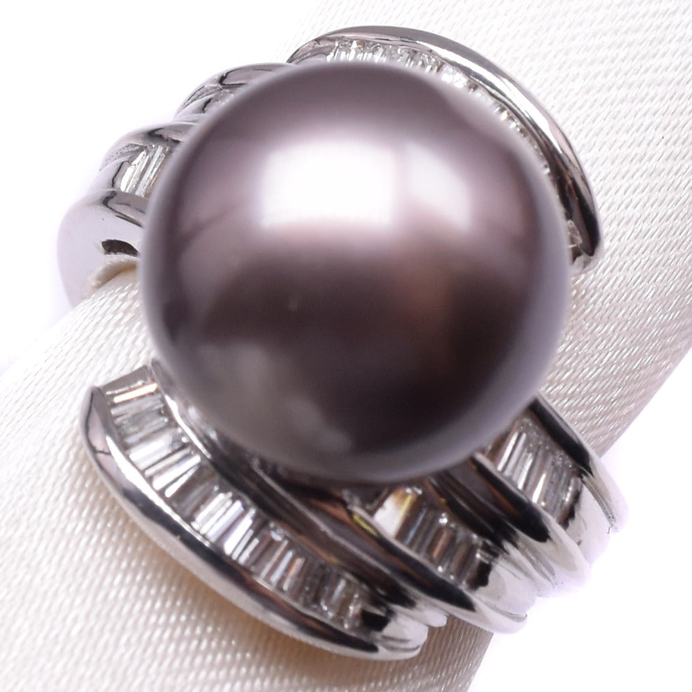 [LuxUness]  Platinum Pt900 Diamond Ring with Black Pearl for Ladies, Size 11, Excellent Pre-owned Condition  Metal Ring in Excellent condition