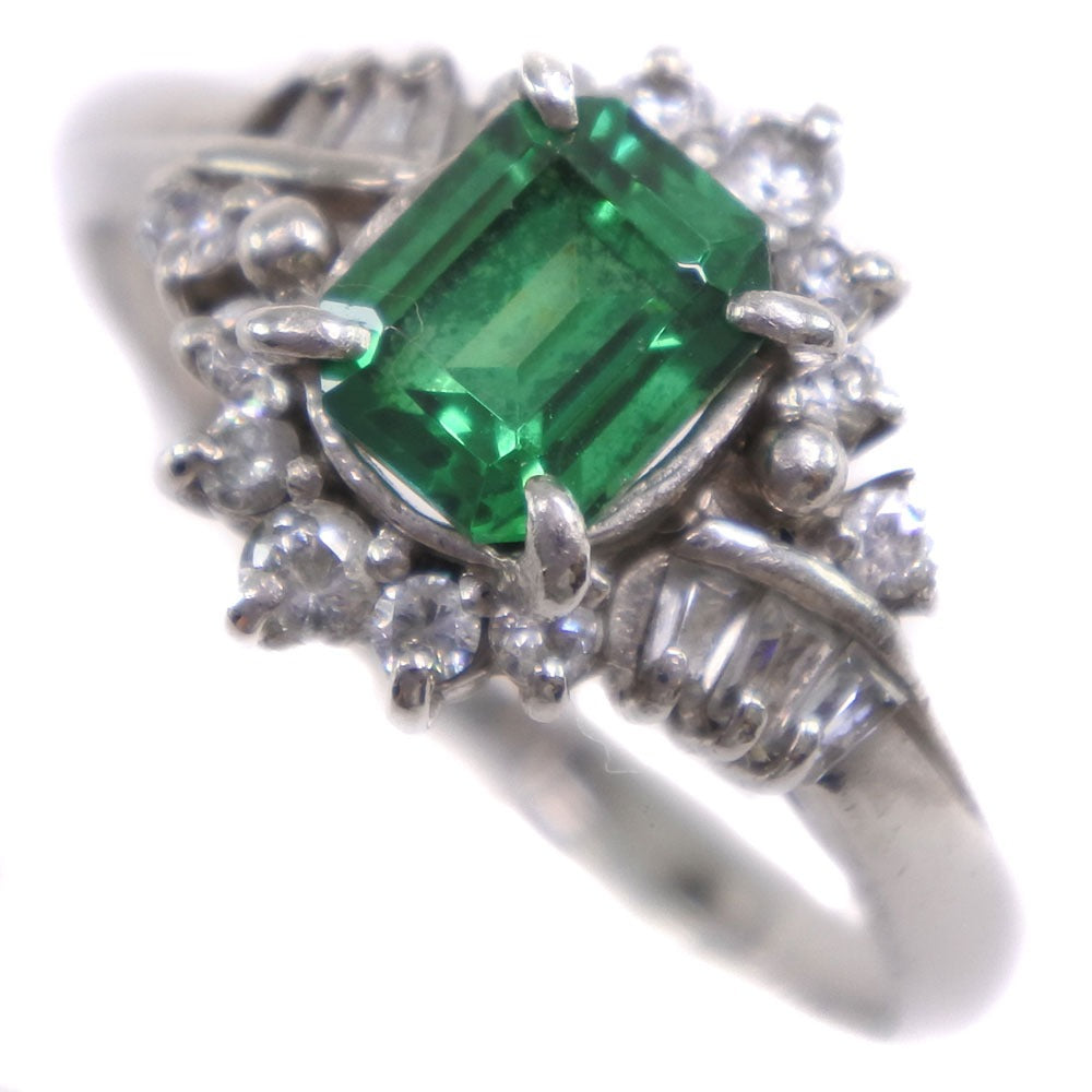 Size 11 Ladies Ring in Pt900 Platinum with Emerald and Diamond - Preowned, A Rank