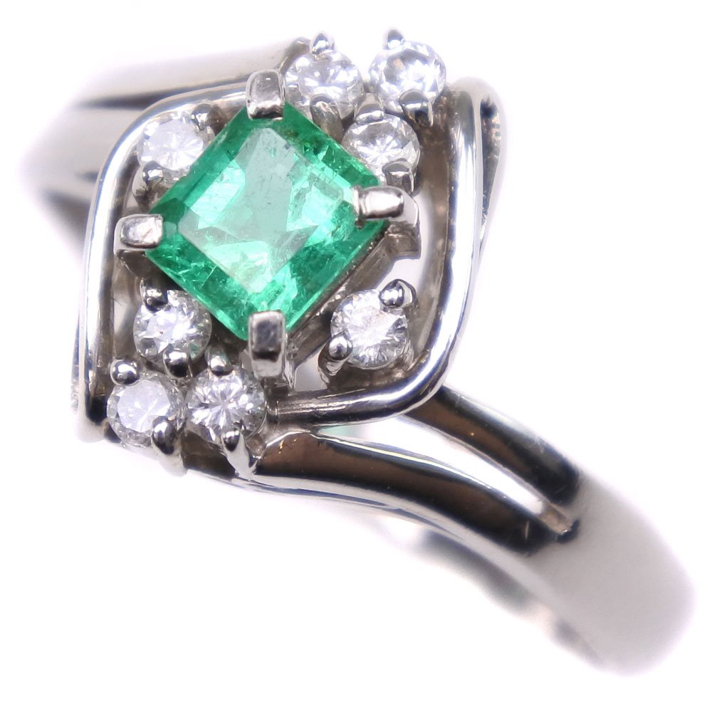 [LuxUness]  Size 6 Ladies Ring in Pt850 Platinum with Emerald and Diamond, E0.22 D0.11 - Preowned, SA Rank Metal Ring in Excellent condition