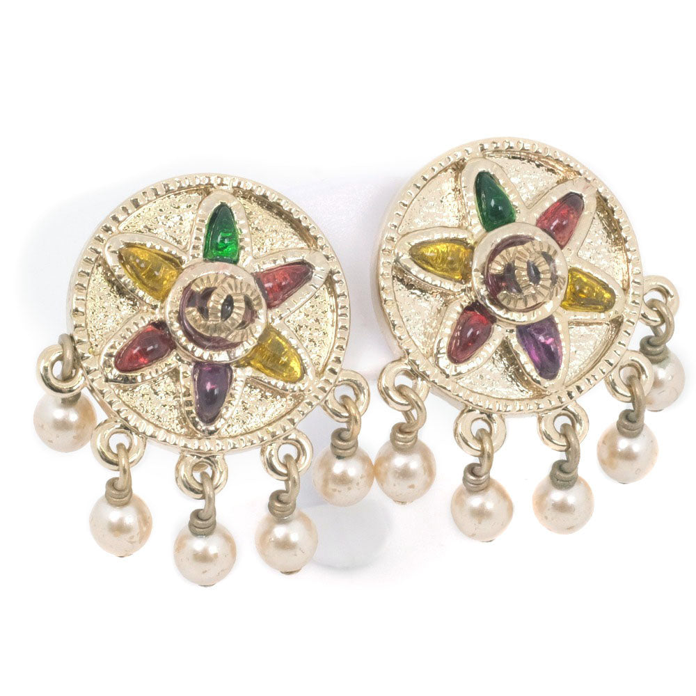 Chanel CC Faux Pearl Multicolor Stone Earrings Metal Earrings in Very Good Condition