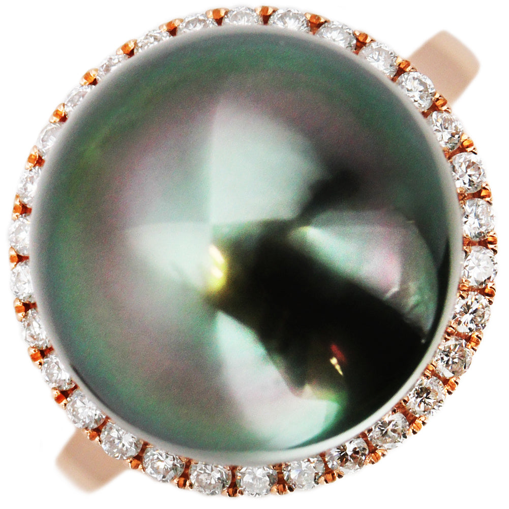 K18PG Pink Gold Black Pearl Ring with Diamond 0.24ct, Size 9.5