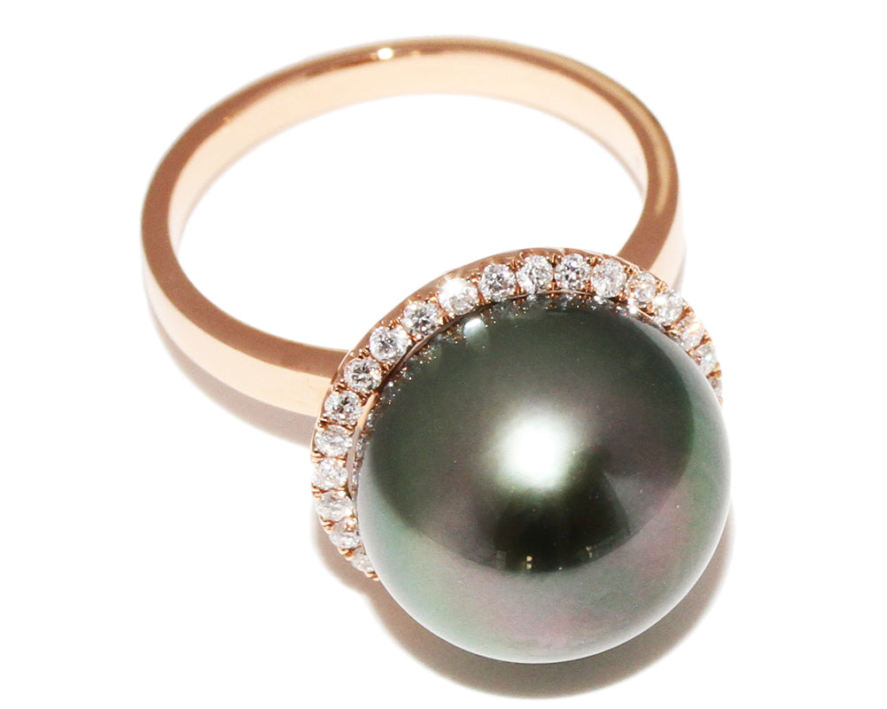 K18PG Pink Gold Black Pearl Ring with Diamond 0.24ct, Size 9.5 in Pristine Condition