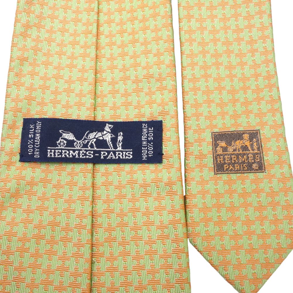 HERMES Silk Tie H Puzzle Green Orange