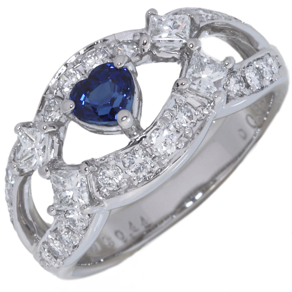 Pt900 Platinum Sapphire 0.44ct Diamond 0.85ct Heart Ring Size 11 in Great Condition