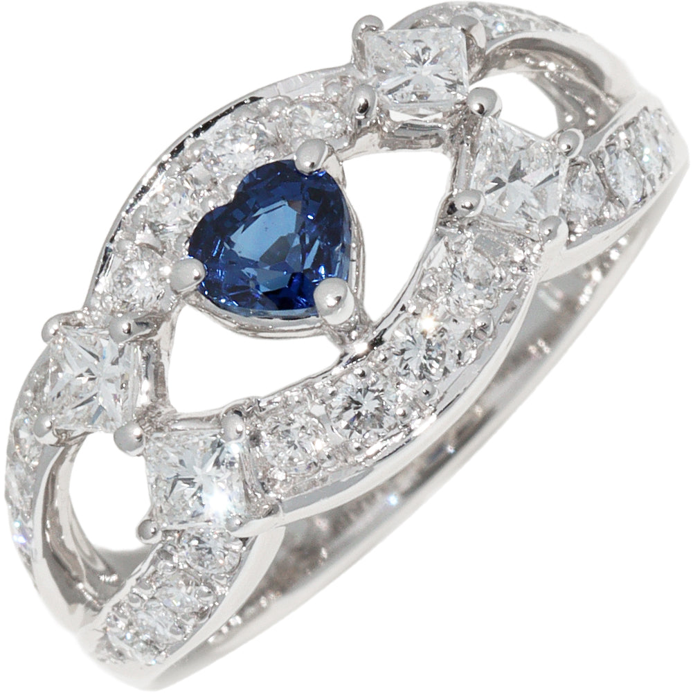 Pt900 Platinum Sapphire 0.44ct Diamond 0.85ct Heart Ring Size 11 in Great Condition