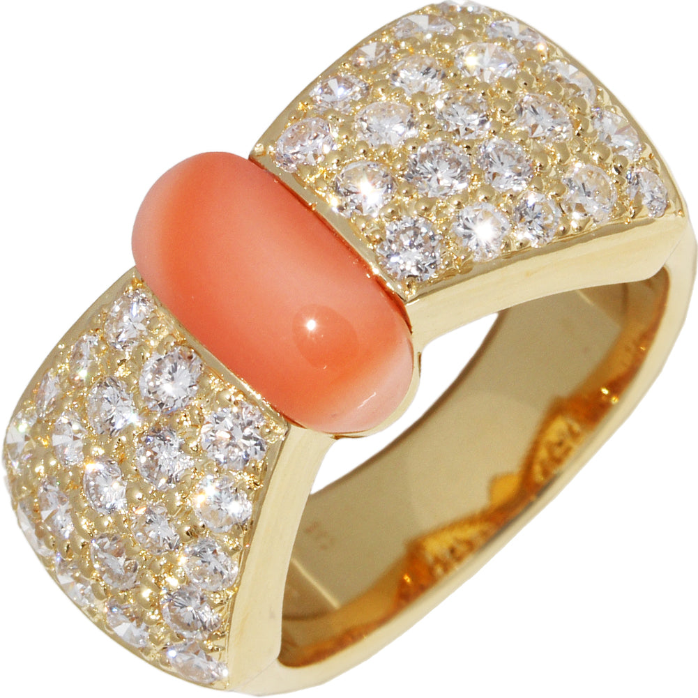 K18YG Yellow Gold Coral Diamond Ring 1.25ct Size 8.5 in Great Condition