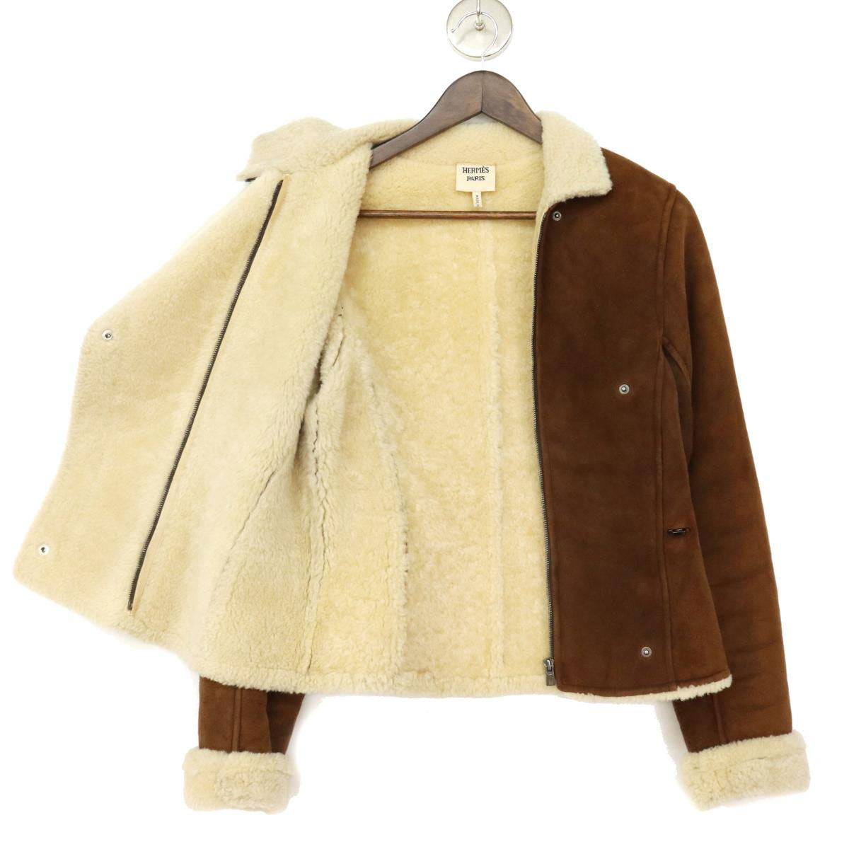 Hermes Leather Shearling Jacket Brown Ivory