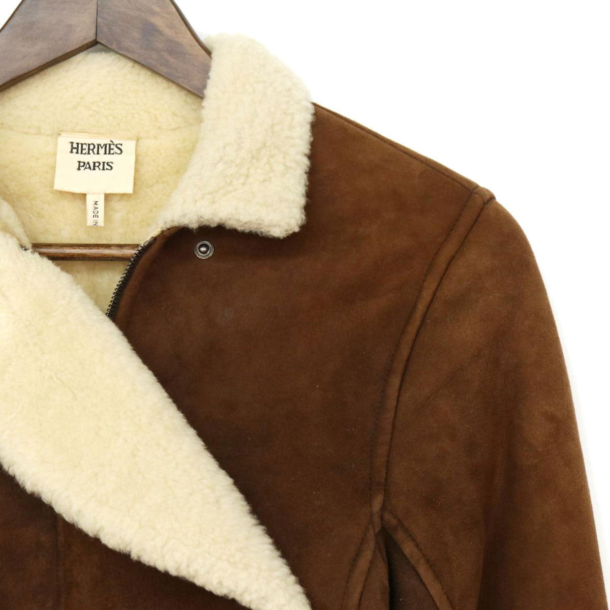 Hermes Leather Shearling Jacket Brown Ivory