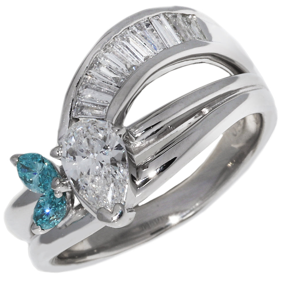 Pt900 Platinum Ring with Marquise Cut Diamond 0.412ct and Blue Diamond 0.48ct, Size 10.5 in Great Condition