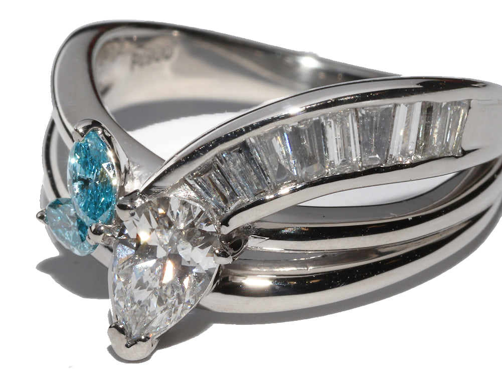 Pt900 Platinum Ring with Marquise Cut Diamond 0.412ct and Blue Diamond 0.48ct, Size 10.5 in Great Condition