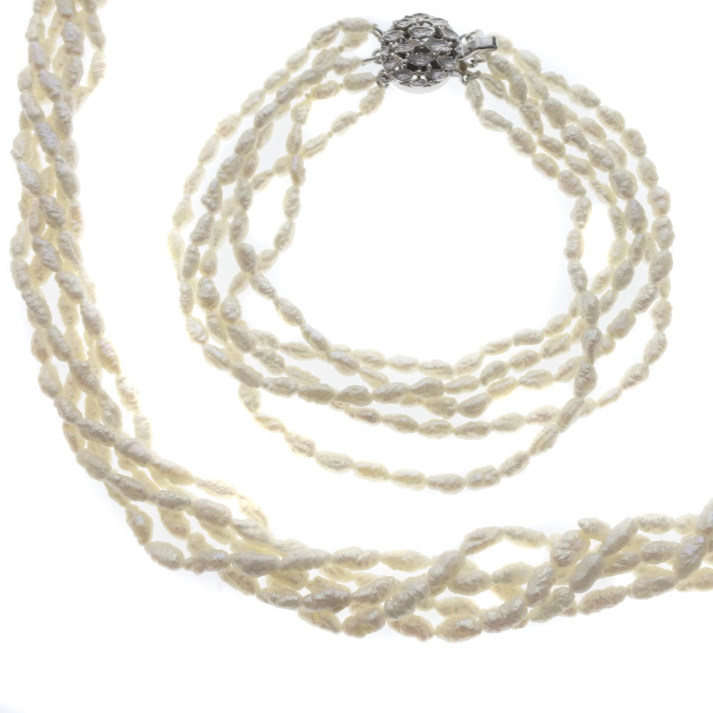 Japanese-Made Two-Piece Baby Pearl Necklace and Bracelet, 5-Row Twist 2.7-3.4mm with Pearl and Silver for Women, Pre-Owned, Excellent Condition