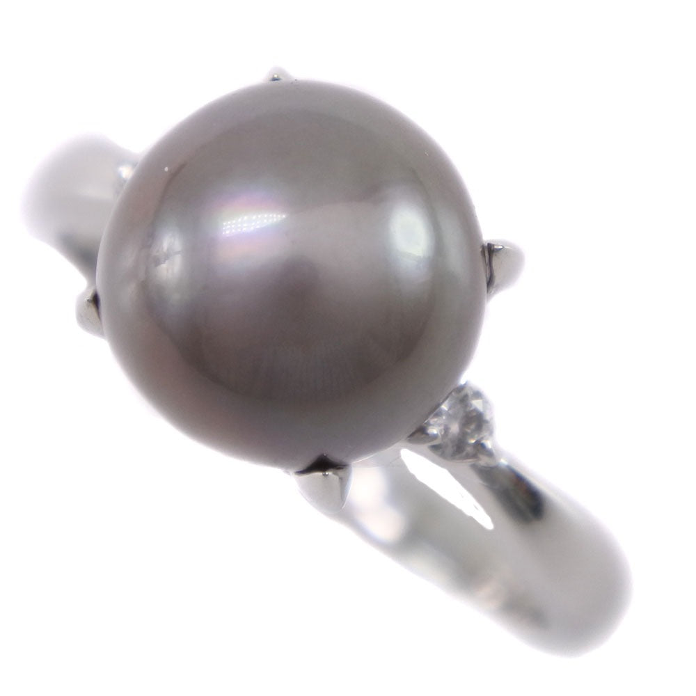 [LuxUness]  Ladies' High Quality (A+) Used, Size 13 Pearl Ring, Grey 9.5mm Pt900 Platinum with Black Pearl and 0.07ct Diamond Metal Ring in Excellent condition