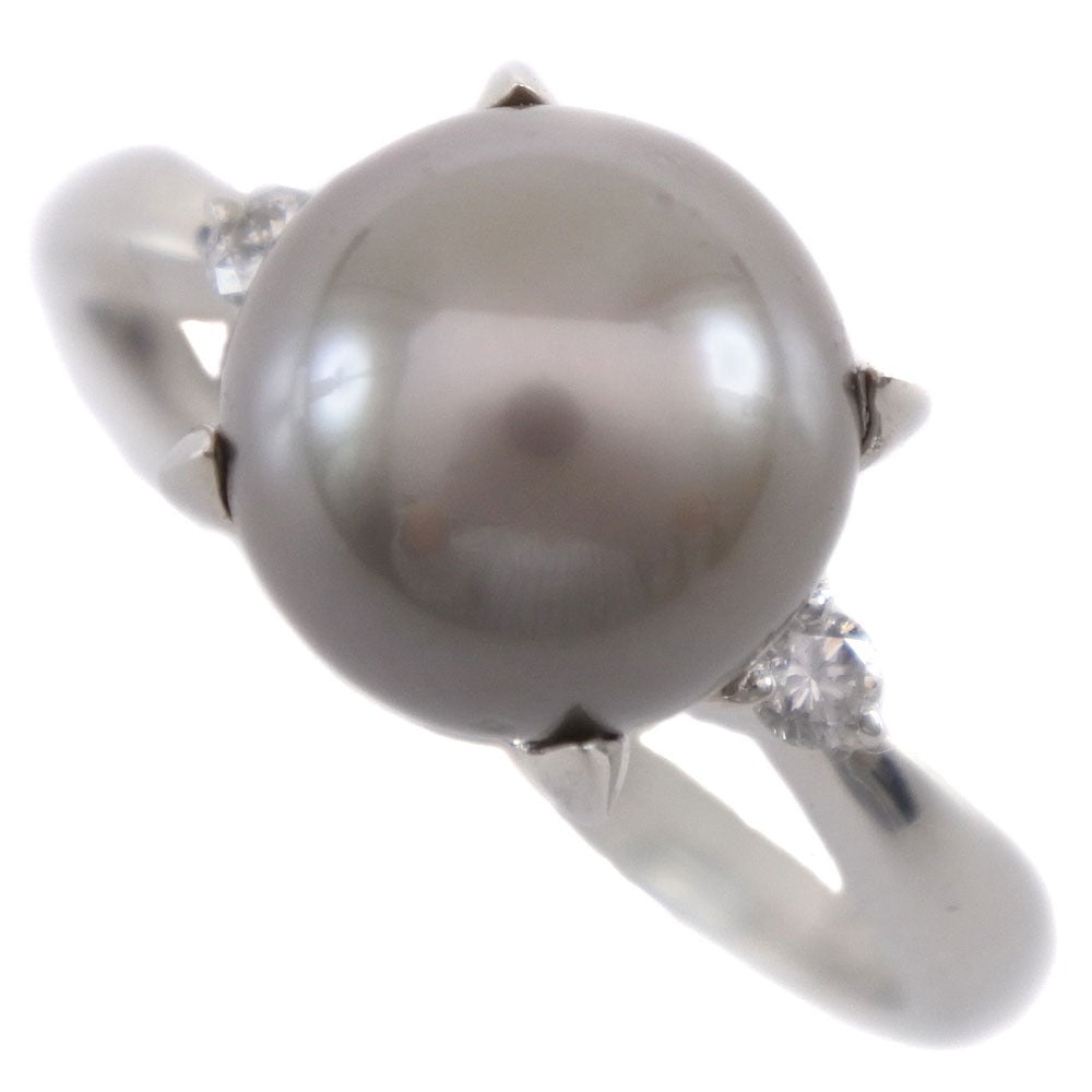 [LuxUness]  Superior (A+) Used, Ladies' Size 13 Pearl Ring, Grey 9.0mm Pt900 Platinum with Black Pearl and 0.07ct Diamond Metal Ring in Excellent condition