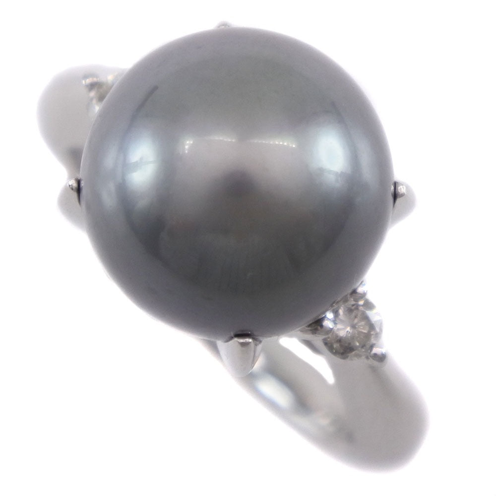 [LuxUness]  Ladies' Top-Class (A+) Used, Size 11 Pearl, 11.5mm Pt900 Platinum Ring with Black Pearl & 0.13ct Diamond, Black Metal Ring in Excellent condition