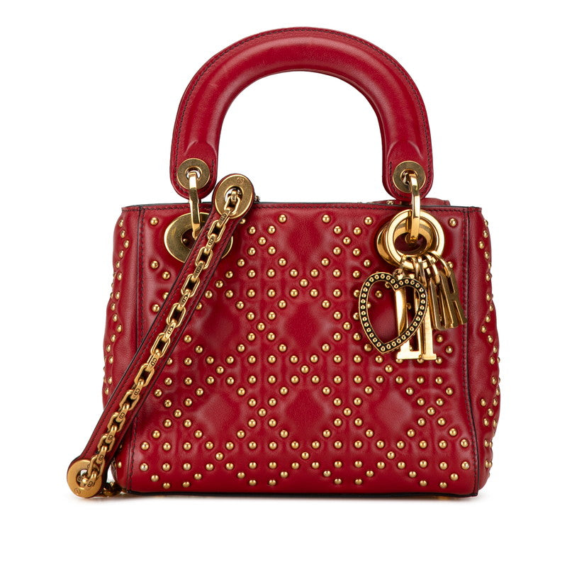 Dior Lady Dior Studded Mini Handbag Red Leather in Great Condition