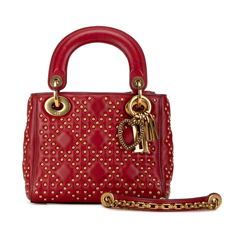 Dior Lady Dior Studded Mini Handbag Red Leather in Great Condition