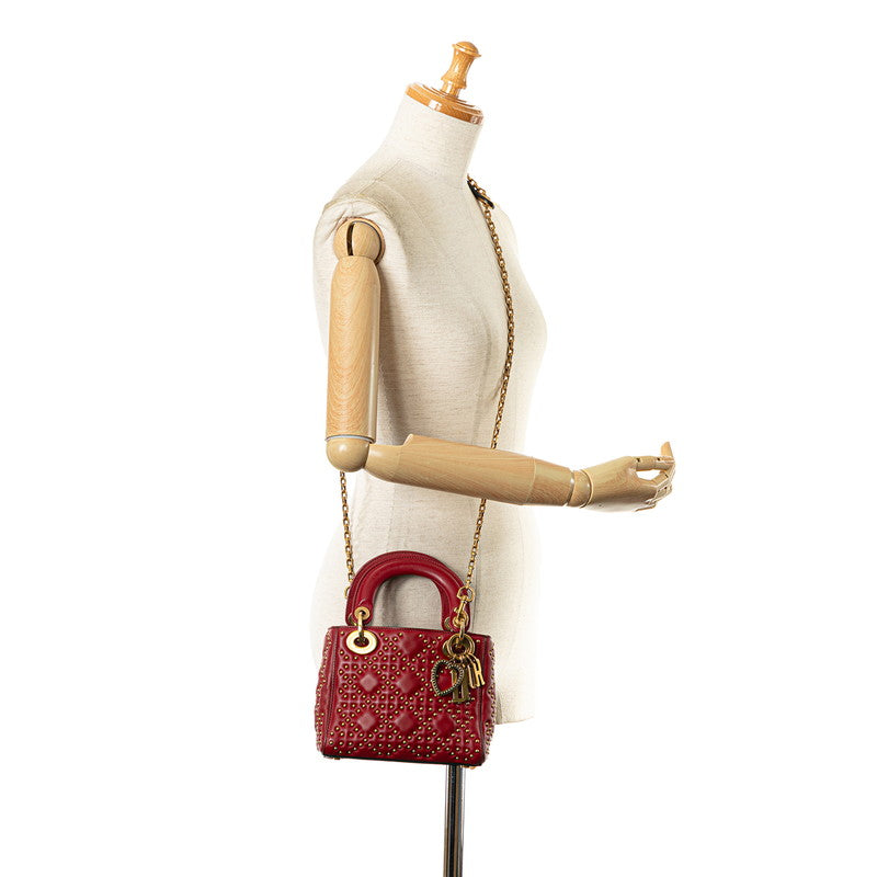 Dior Lady Dior Studded Mini Handbag Red Leather