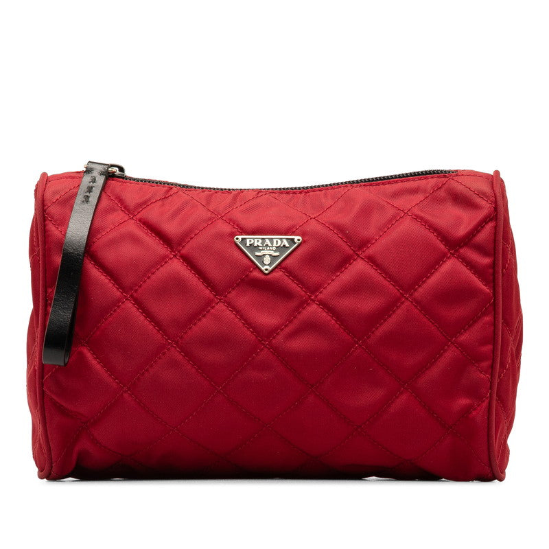 Prada Nylon Leather Quilted Pouch with Triangle Logo Plate in Great Condition