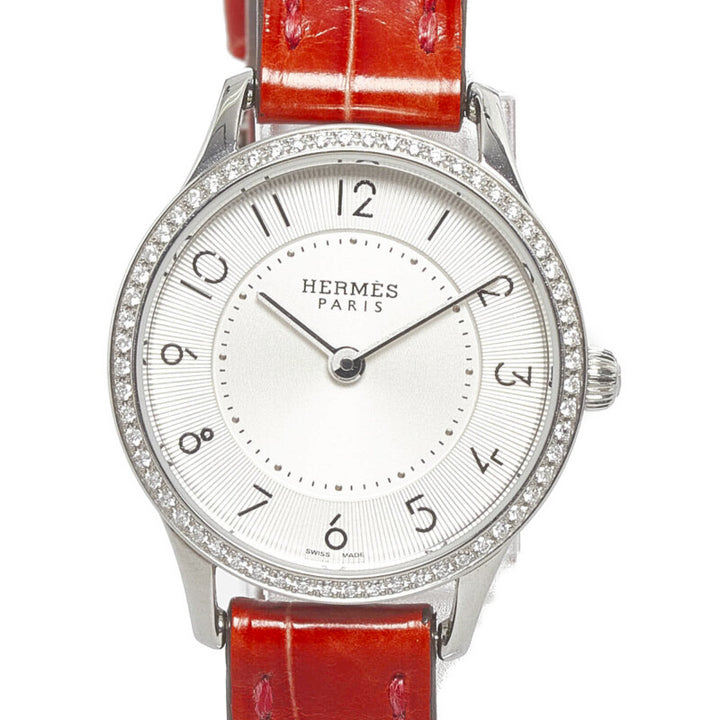 Hermes Slim d'Hermes Diamond Bezel Quartz Watch Stainless Steel Leather in Very Good Condition