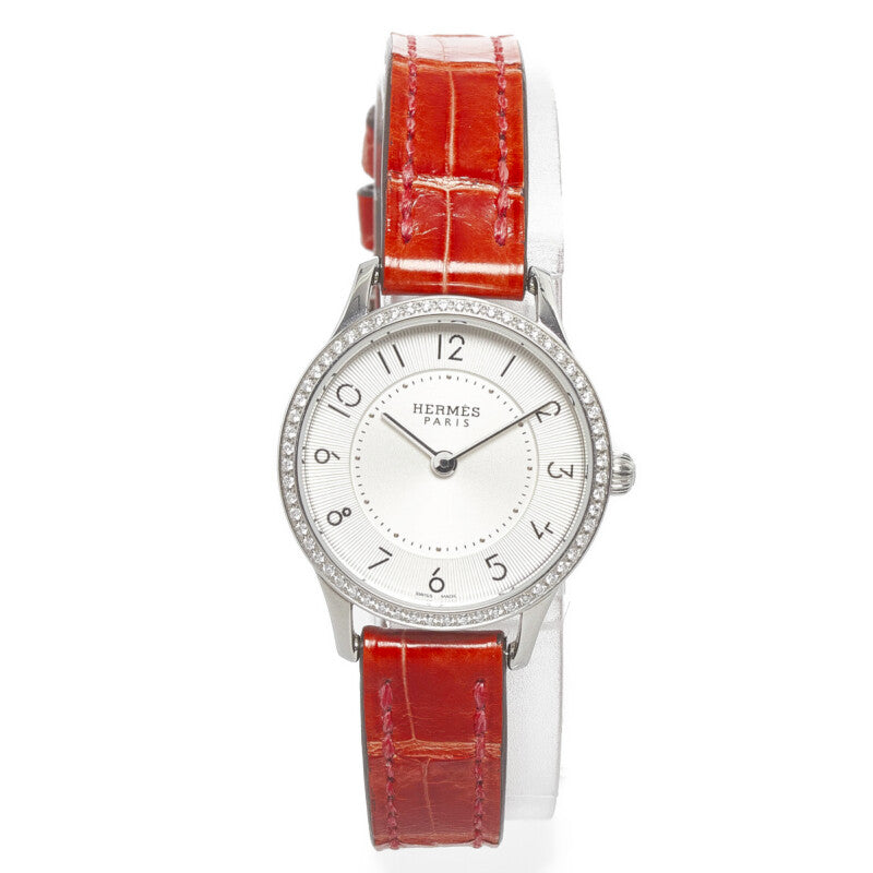 Hermes Slim d'Hermes Diamond Bezel Quartz Watch Stainless Steel Leather in Very Good Condition