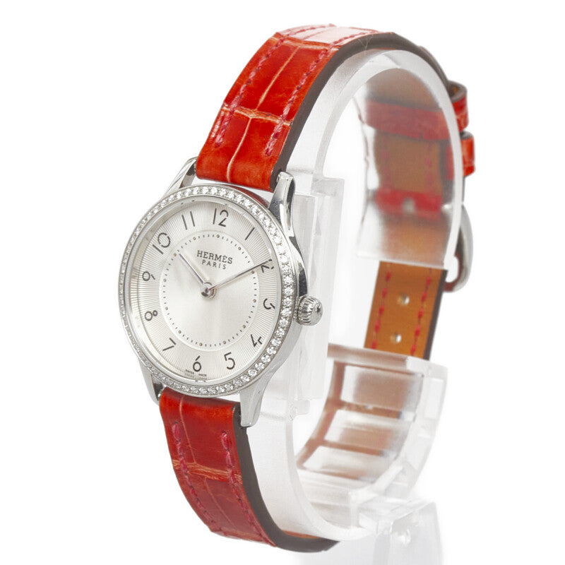 Hermes Slim d'Hermes Diamond Bezel Quartz Watch Stainless Steel Leather in Very Good Condition