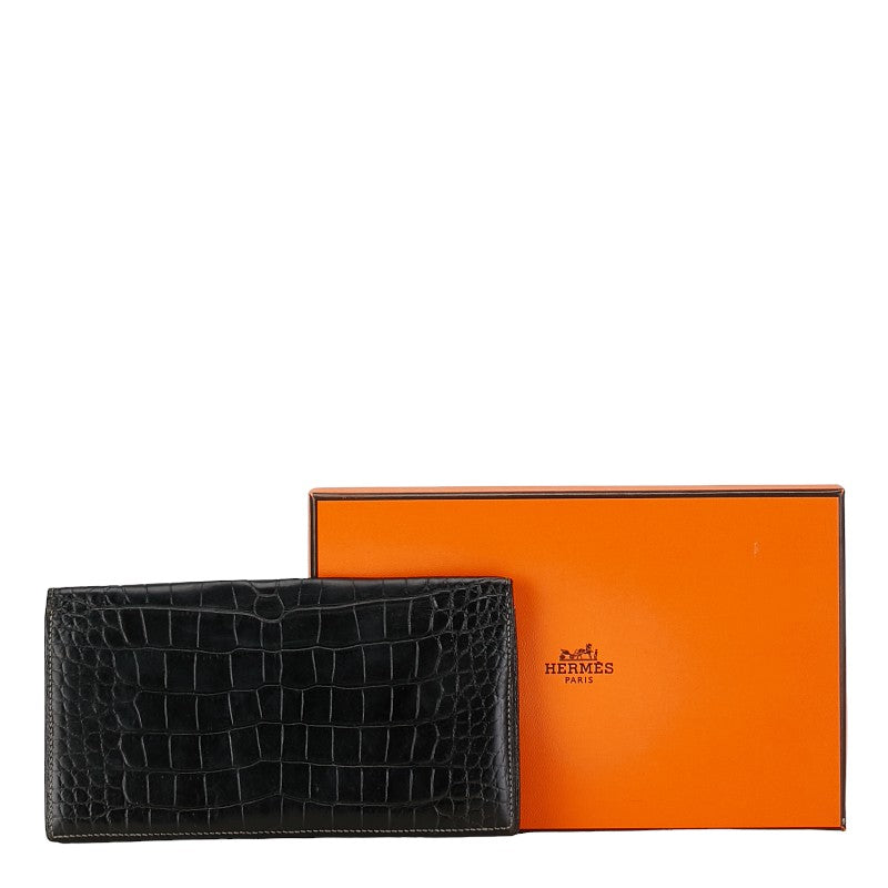 Hermes Alligator Long Wallet Black Used in Good Condition